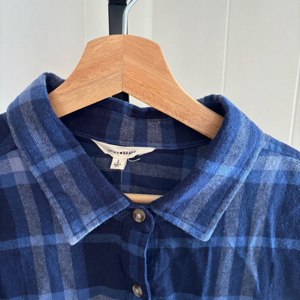 Lucky Brand Women’s Large Blue Plaid Cotton Oversized Boyfriend Button Shirt NWT